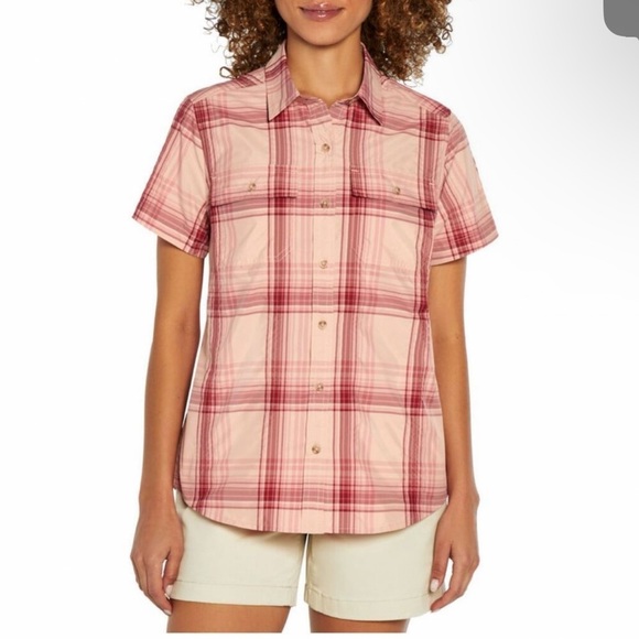 Eddie Bauer Tops - Eddie Bauer Ladies Short Sleeve Adventure Top XL Peach Starling Plaid